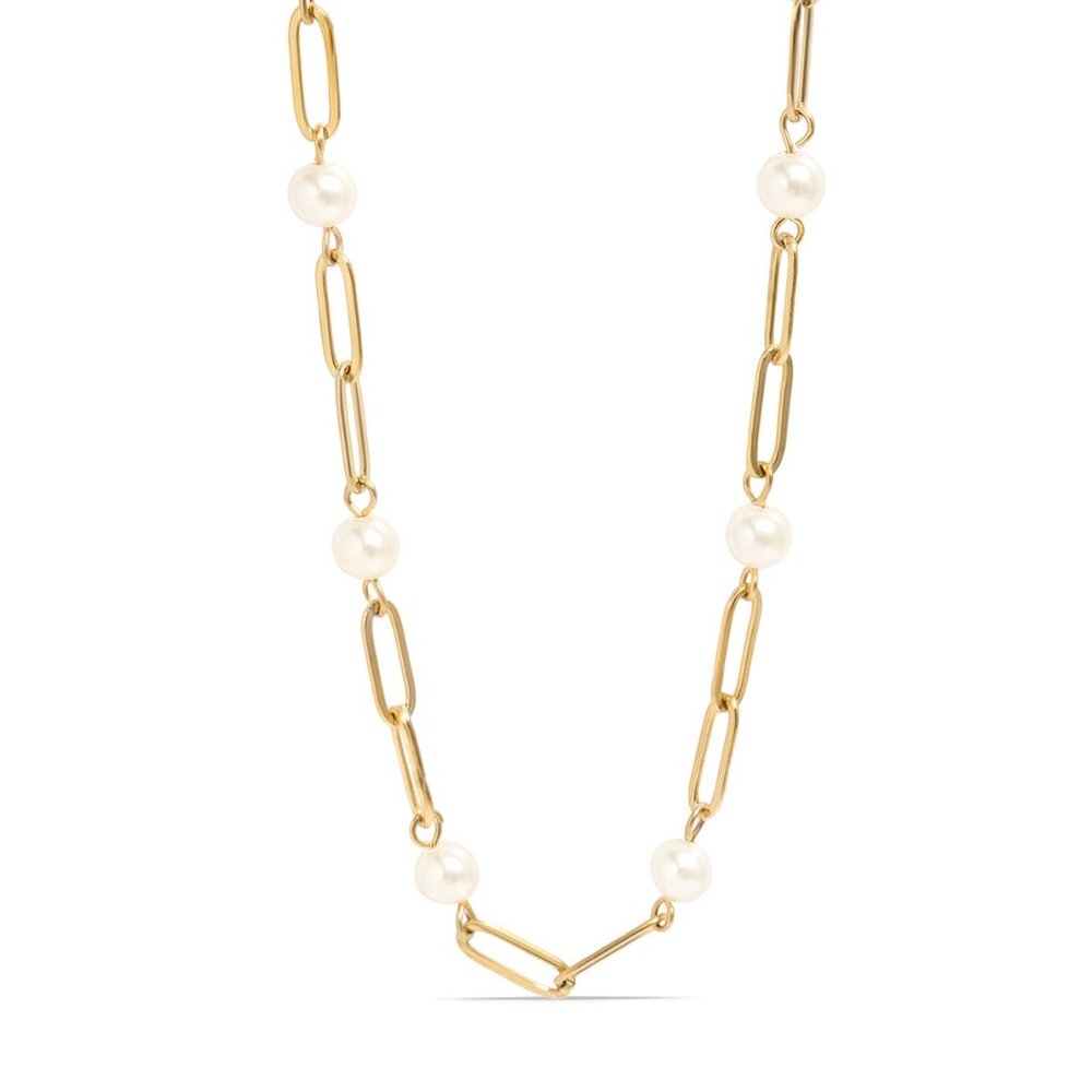 #081 18K Gold Plated Stainless Steel Pearl Station Paperclip Chain Necklace